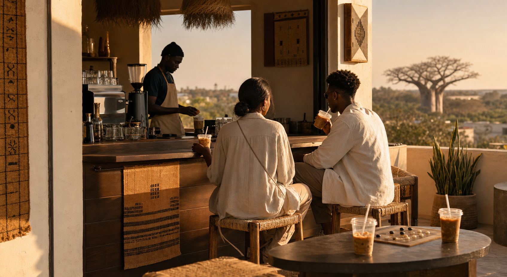 Le stand Buna Café baigné de lumière